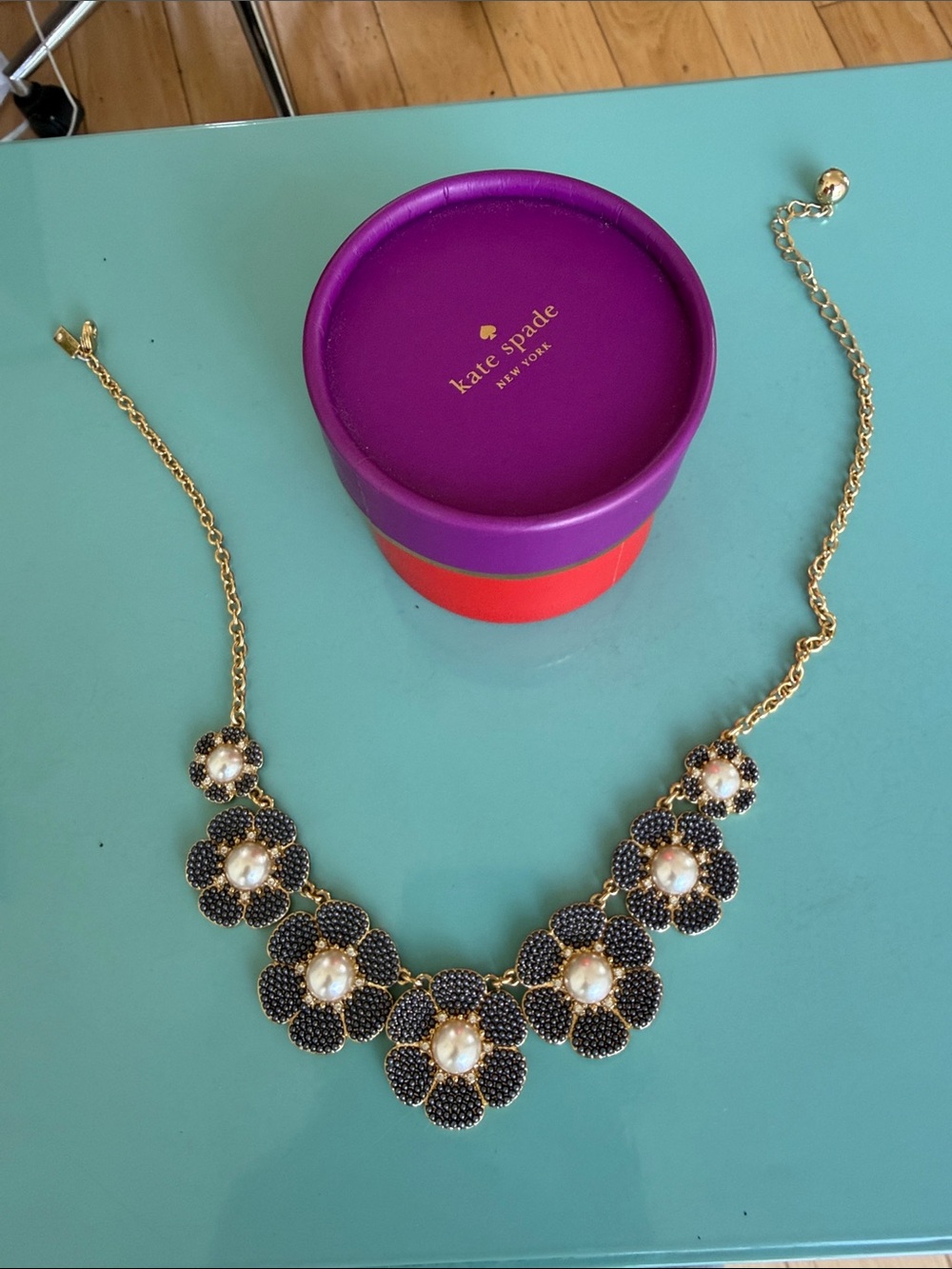 kate spade Black, Gold and Pearl Floral Statement Necklace